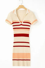 Contrast Striped Johnny Collar Short Sleeve Mini Dress Woman Casual Dress