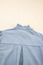 Ruffle Short Puff Sleeve Button Down Denim Shirt Woman Denim Tops