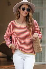 Striped Round Neck Drop Shoulder T-Shirt Woman Blouses