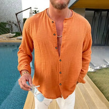 Men's Full Size Linen Button-Down Mandarin Collar Shirt Plus Size Orange Mens Tops