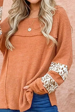 Waffle-Knit Leopard Long Sleeve Slit Blouse Woman Blouses
