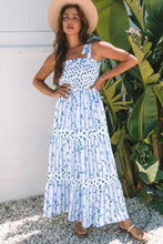 Floral Smocked Tied Straps A-Lined Tiered Dress Light Blue Casual Dresses