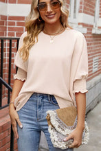 Round Neck Smocked Lantern Sleeve Blouse Ivory Woman Blouses