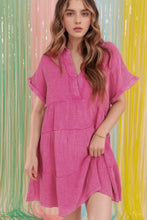 Mineral Wash Crinkle Split Neck Raw Hem Tiered Dress Casual Dresses