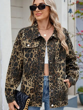 Pocketed Leopard Long Sleeve Denim Jacket Woman Denim Tops