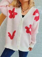 Flower Button Down V-Neck Long Sleeve Cardigan Blush Pink One Size Woman Outerwear