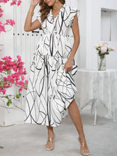 Abstract Print Ruffle Sleeve V-Neck Midi Dress Woman Casual Dress