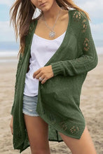 Openwork Side Slit Open Front Long Sleeve Cardigan Army Green Cardigans