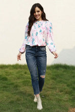 Floral Smocked Balloon Sleeve Round Neck Blouse Woman Blouses