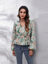 Floral V-Neck Balloon Sleeve Peplum Blouse Green Woman Blouses