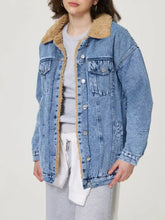 Button Up Collared Neck Plush Denim Jacket Light Woman Outerwear