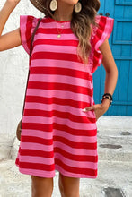 Contrast Striped Round Neck Cap Sleeve Mini Dress Woman Casual Dress