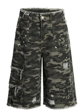 Men's Distressed Camo Print Cargo Denim Shorts Camouflage Color Denim Shorts