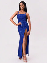 Slit Sequin Square Neck Spaghetti Strap Dress Cocktail Dress
