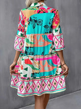 Printed Notched 3/4 Sleeve Tiered Dress Woman Casual Dress