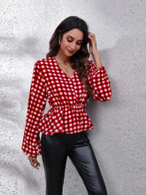 Plaid V-Neck Balloon Sleeve Peplum Blouse Woman Blouses