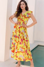 Cheetah Plant Print Shirred Button V Neck Maxi Dress Yellow Woman Maxi Dress