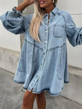Oversized Long Sleeve Button-Up Denim Dress Light Blue One Size Woman Dress