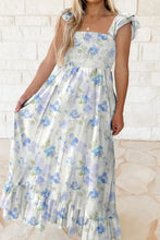 Floral Smocked High Waist Double Ruffle Sleeveless Long Dress Light Blue Casual Dresses