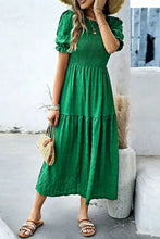 Smocked Puff Sleeve Midi Dress Woman Casual Dress
