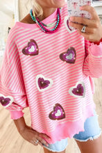 Valentine’s Day Sequin Heart Striped Round Neck Long Sleeve Sweatshirt Pink Woman Sweatshirts
