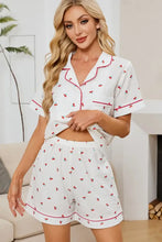 Cheery Print Collared Neck Top and Shorts Lounge Set White Woman Two-Piece Sets