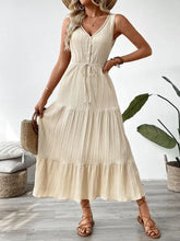 Decorative Button V-Neck Sleeveless Midi Tank Dress Tan Casual Dresses