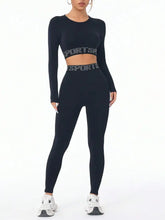 Letter Print Round Neck Long Sleeve Top and Leggings Active Set Black Woman Activewear