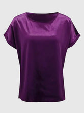 Purple satin blouse with round neck short sleeve length