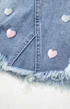 Distressed Denim Mini Skirt with Raw Hem Heart Embellishments Woman Skirts