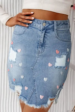 Distressed Denim Mini Skirt with Raw Hem Heart Embellishments Medium Woman Skirts