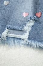 Distressed Denim Mini Skirt with Raw Hem Heart Embellishments Woman Skirts