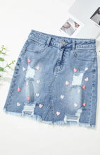 Distressed Denim Mini Skirt with Raw Hem Heart Embellishments Woman Skirts