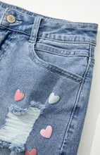 Distressed Denim Mini Skirt with Raw Hem Heart Embellishments Woman Skirts