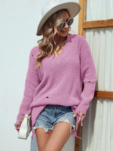 Distressed Pink V Neck Knit Sweater for Women Lilac Sweater Pullovers
