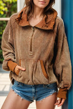 Drawstring Half Zip Long Sleeve Hoodie Brown Woman Sweatshirts