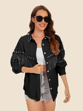 Raw Hem Fringe Detail Denim Jacket Black Woman Outerwear