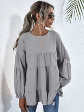Shiny Round Neck Dropped Shoulder Tiered Blouse Light Gray Woman Blouses