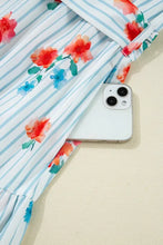 Stripe Floral Pattern Ruffle Short Sleeve Belted Mini Dress Woman Casual Dress