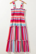 Contrast Stripe Wide Strap Smocked Tiered Dress Woman Casual Dress