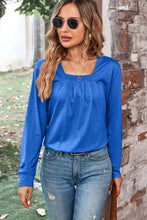 Ruched Square Neck Long Sleeve T-Shirt Blue Woman T Shirts