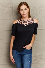 Perfee Leopard Print Round Neck Cold Shoulder Blouse Black Woman Blouses