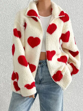 Heart Zip Up Drop Shoulder Furry Jacket Woman Outerwear