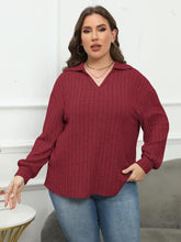 Plus Size Ribbed Collared Neck Long Sleeve Blouse Woman Blouses