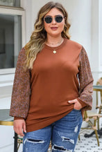 Plus Size Printed Dropped Shoulder Round Neck Blouse Brown Woman Blouses