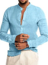 Men's Full Size Casual Linen Mandarin Collar Long Sleeve Shirt Plus Size Mens Tops
