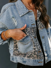 Distressed Leopard Drop Shoulder Denim Jacket Woman Outerwear