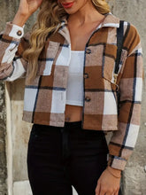 Plaid Collared Neck Cropped Jacket Caramel Woman Outerwear