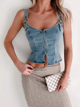 Fitted Denim Corset Tank Top with Front Zip Woman Denim Tops