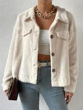 Collared Neck Button Up Jacket with Decorative Pocket Flaps Beige Woman Outerwear